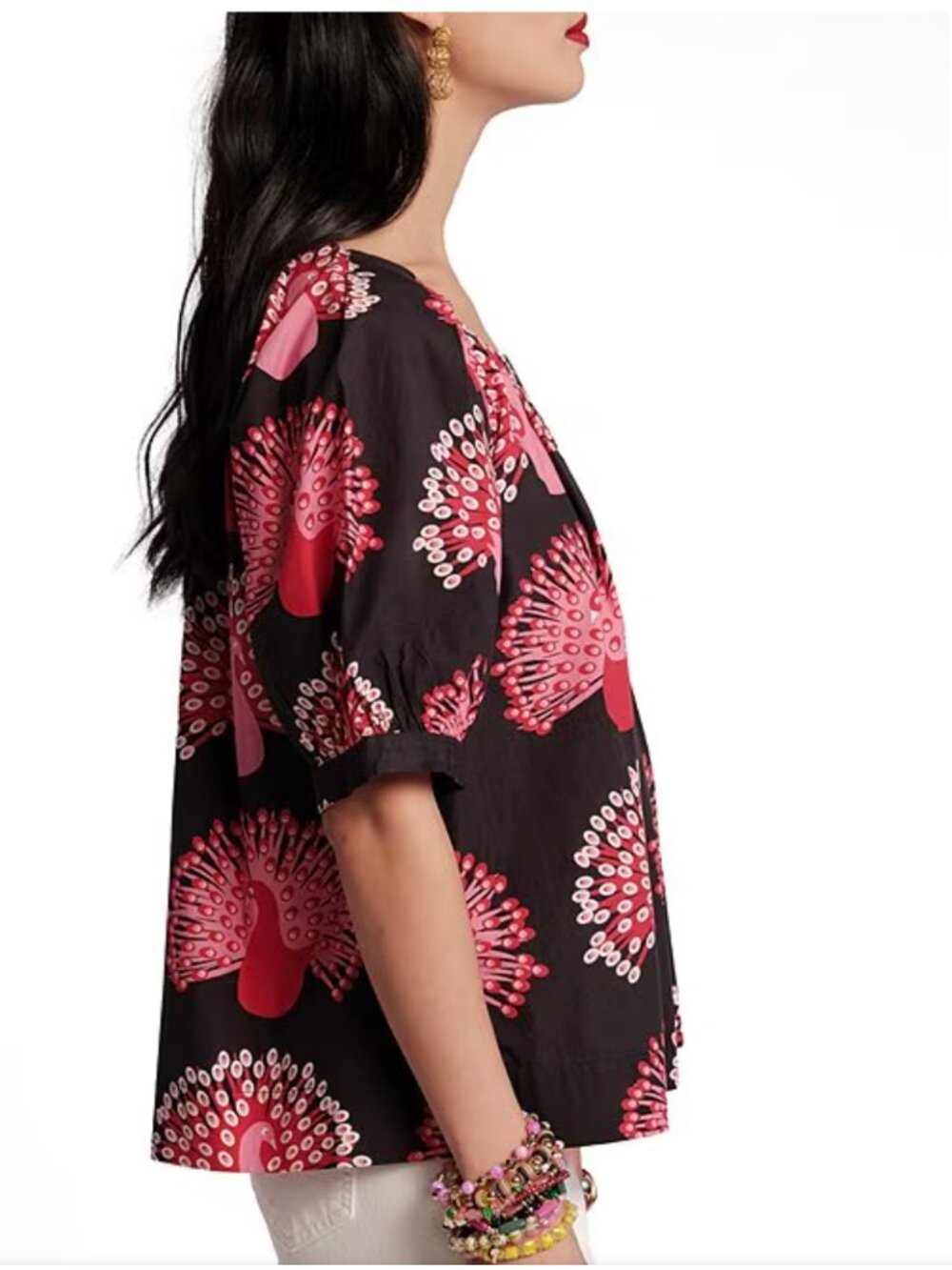 Frances Valentine- Zonda Peacock Printed Cotton Scoop-Neck Puff-Sleeve Top - Picture 4 of 9